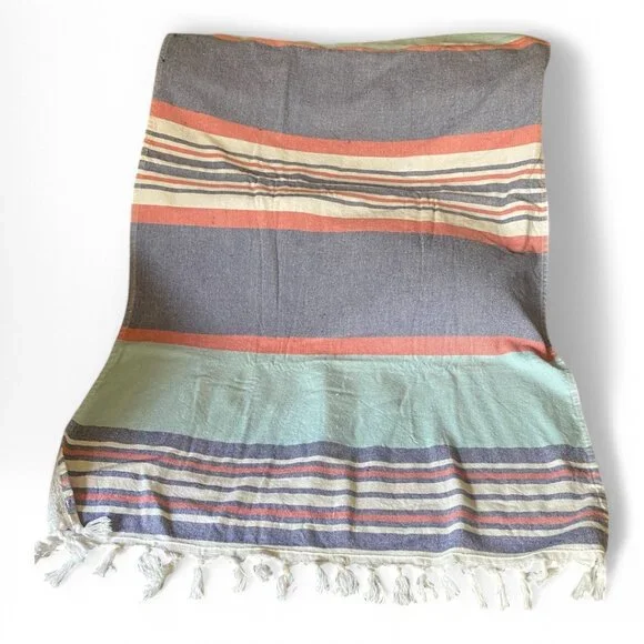 Preppy pastel striped white fringe 32x62" cotton blend beach towel - Picture 1 of 12